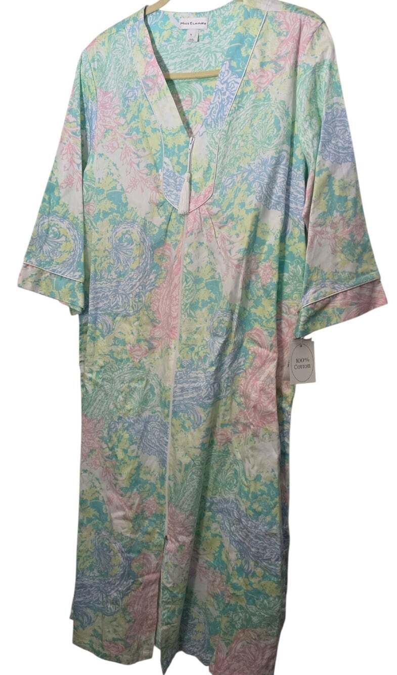 NWT Miss Elaine Zip Front Duster Pastel Midi Lightweight Robe Housecoat Sz L